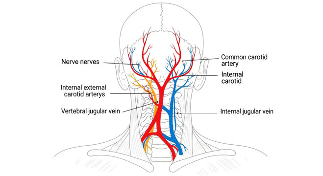 Anatomical illustration of human neck arteries, veins, and nerves