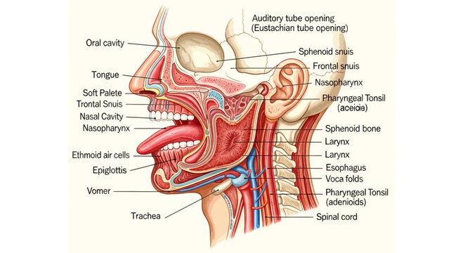 Anatomy of Human Head and Neck - Sagittal View with Labels