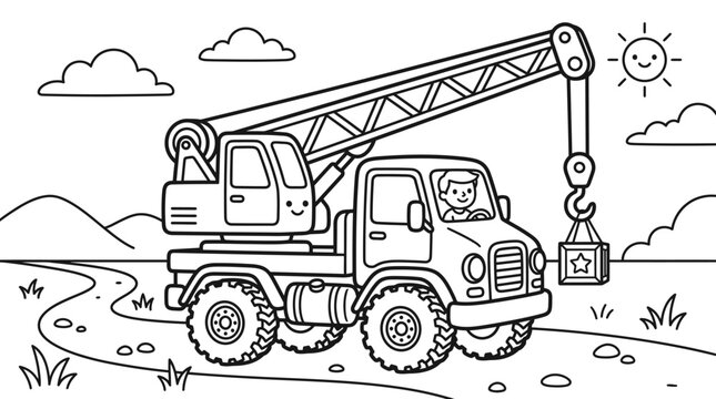 A cartoon truck with crane.