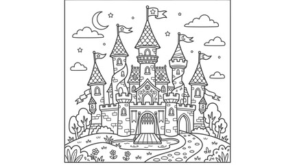 Naklejka premium Fantasy Castle with Turrets and Towers.