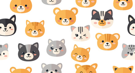 Fototapeta premium Cute Kawaii Animal Faces Pattern, Cartoon Pets, Baby Animals, Vector Illustration
