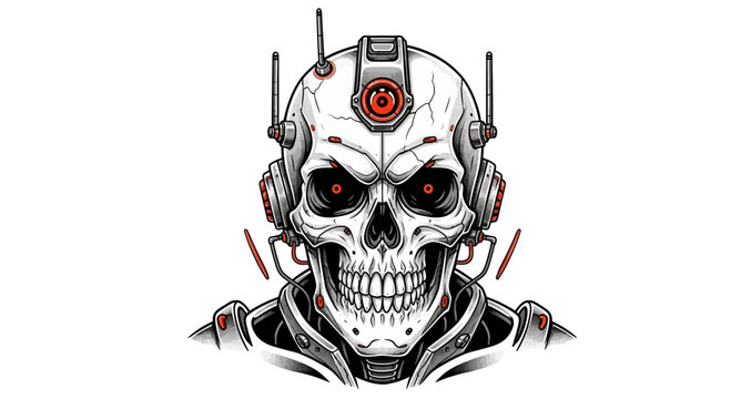Cybernetic Skull with Glowing Red Eyes and Antennas - Futuristic Robot Head
