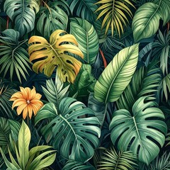 Lush, vibrant, and artistic tropical leaves pattern with a dark background © Queen33
