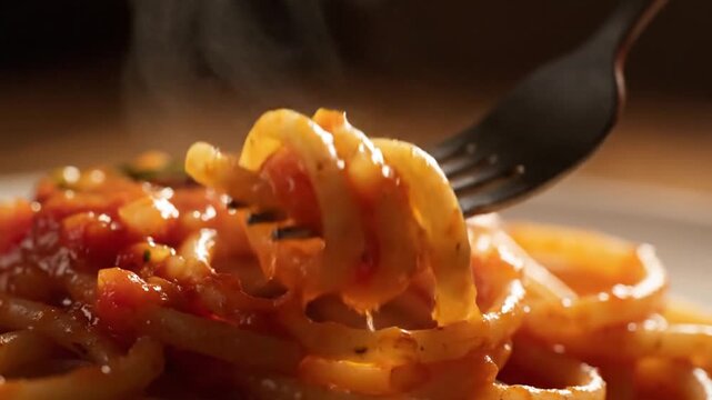 Close up of pasta with tomato sauce being lifted by a fork