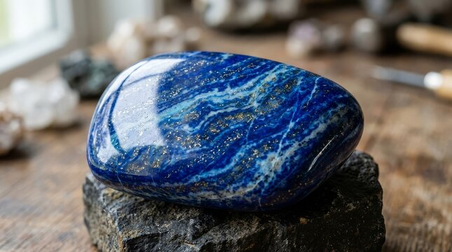 Polished lapis lazuli gemstone with rich blue color and golden pyrite flecks displayed on a rough dark stone indoors near a window with soft natural light