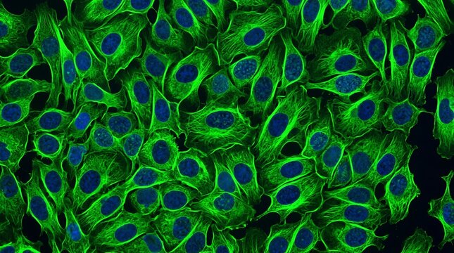 Fluorescently stained human cells displaying vibrant green actin filaments and distinct blue nuclei under a high-magnification microscope in a laboratory setting