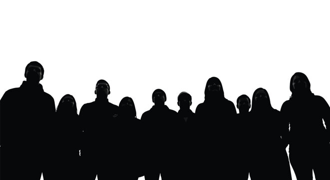 Silhouette vector graphic illustration of a diverse group of people standing together against bright white background