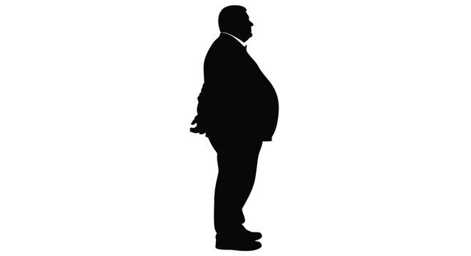 Black silhouette vector graphic illustration of an overweight businessman standing in profile view