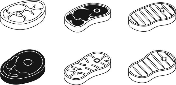 Meat, steak, icons, set, beef, brisket, grilled, barbecue, vector, silhouette, outline, food, symbols, butchery, menu, elements, restaurant, kitchen, design, isometric.
