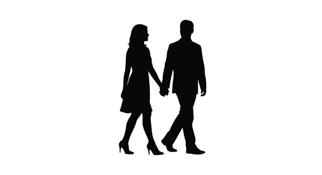 Black silhouette vector illustration of a formally dressed couple walking together and holding hands side view