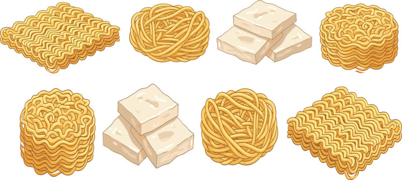Instant noodles and tofu collection with ramen blocks, noodle nests and soy food cubes vector illustration set