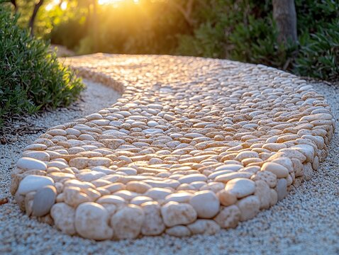 A curving stone pathway surrounded by greenery and sand, illuminated by golden sunlight