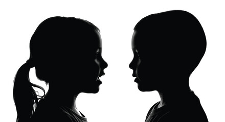 Fototapeta premium Stylized vector graphic illustrating two distinct children's profiles silhouetted, engaged in an expressive interaction.