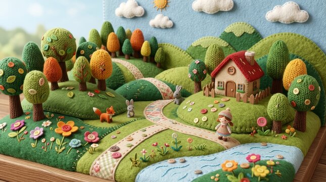 Whimsical handcrafted felt and knitted miniature landscape with a girl walking a path through green hills a cozy house and colorful trees