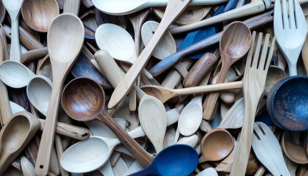 Assorted wooden and plastic utensils scattered on a surface