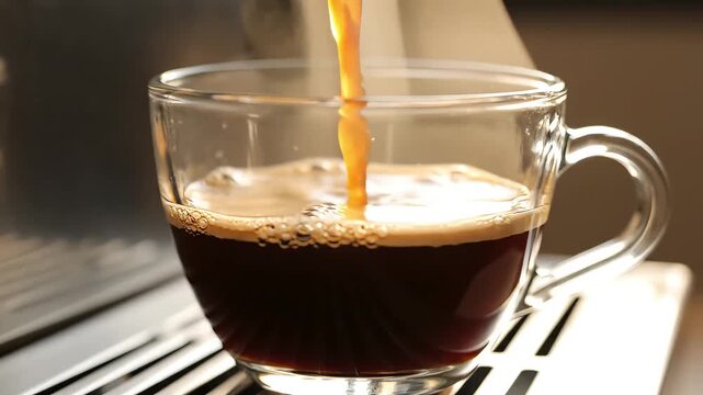 Close-up view of freshly brewed dark coffee pouring into a clear glass mug, creating a rich layer of frothy crema, perfect for a morning energizer