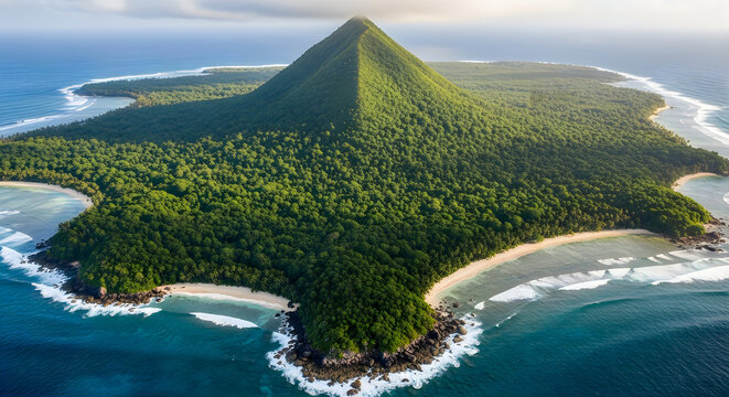 Aerial view of a lush tropical island with a prominent pyramidshaped mountain surrounded by the blue ocean and sandy beaches