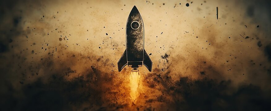 Grungy rocket launching with flames on a sepia toned distressed textured background