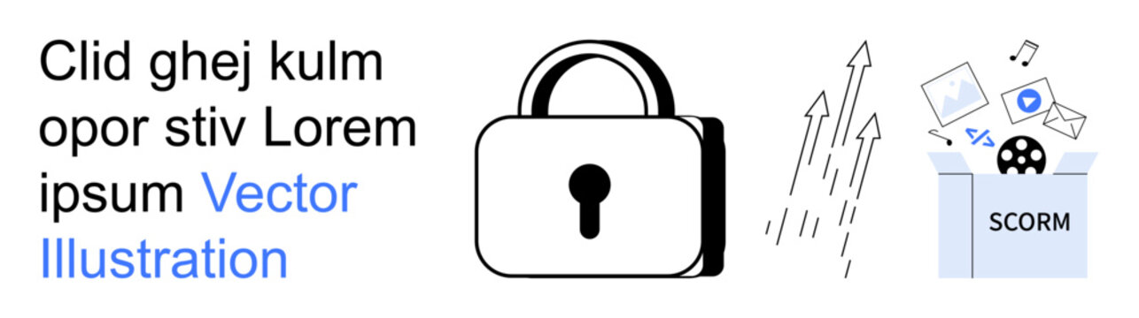 Online learning, data protection, e-learning, SCORM packaging, secure content delivery, digital media storage. A lock security, arrows suggest progress and SCORM package indicates e-learning. Data