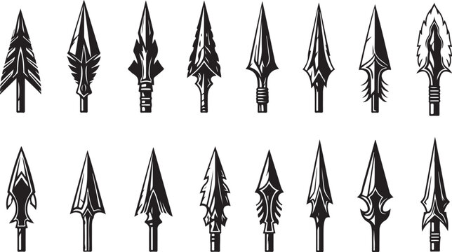 Collection of various arrowheads and spear tips illustrations