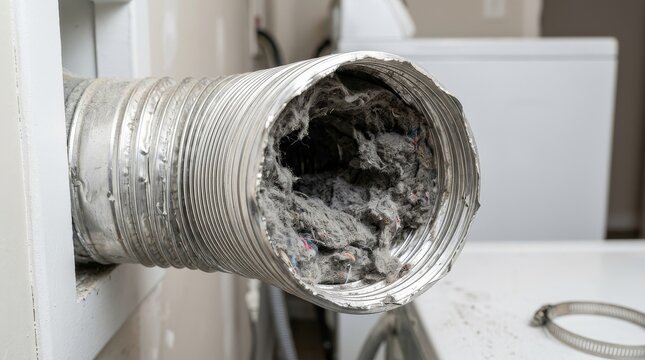 Close up view of a severely clogged silver flexible dryer vent hose filled with dangerous lint and dust in a home laundry room showing a serious fire hazard