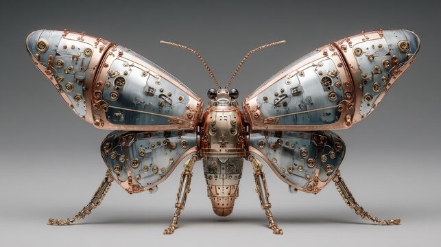 Heavy metal butterfly with detailed metallic wings and sharp industrial textures, combining nature and machinery in a dramatic high contrast concept, futuristic and striking design