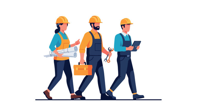 Flat illustration of three construction workers walking in a row, carrying tools and equipment against a clean white background with a professional and industrial mood.