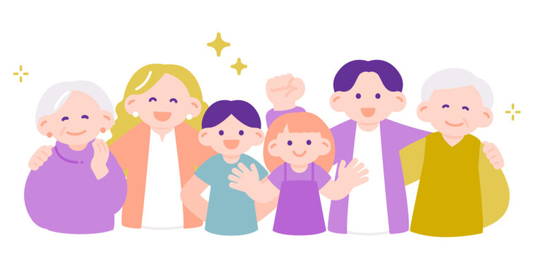 笑顔で肩を抱き合う家族三世代　家族の悩みが解決・仲良し・安心