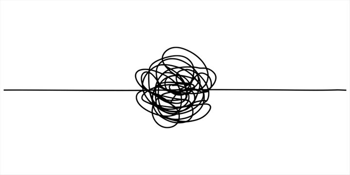A black and white line drawing of a straight line that becomes a tangled mess in the center Vector, illustration