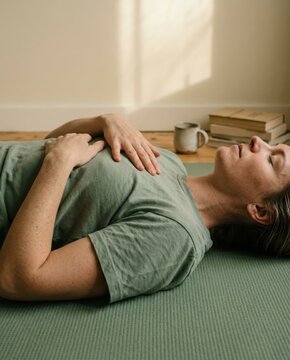 Person lying on yoga mat practicing mindful breathing for mental wellness editorial, resting in peaceful indoor setting with copy space and natural morning light