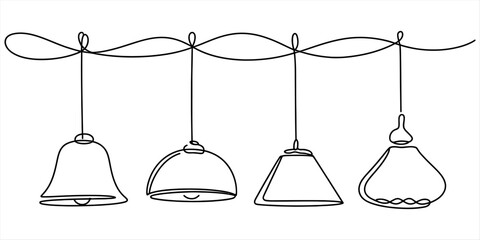 Minimalist continuous line drawing of four various lamp shades hanging from a single wire Vector, illustration © D-Stocker2026