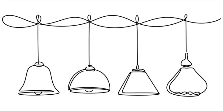 Minimalist continuous line drawing of four various lamp shades hanging from a single wire Vector, illustration
