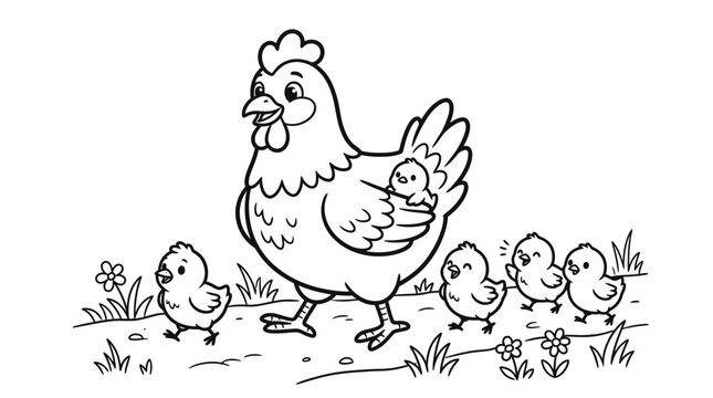 Mother Hen with Baby Chicks Walking.