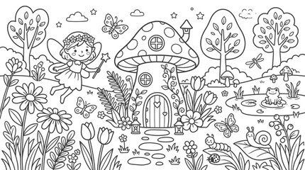 Whimsical Fairy House and Flying Fairy in an Enchanted Forest Garden Coloring Page © Suro