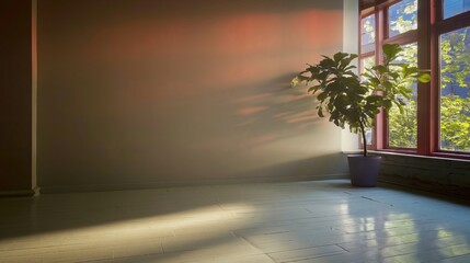 Fototapeta premium Empty loft room background with large windows and a potted plant in a peaceful modern interior setting for architectural design portfolio and copy space