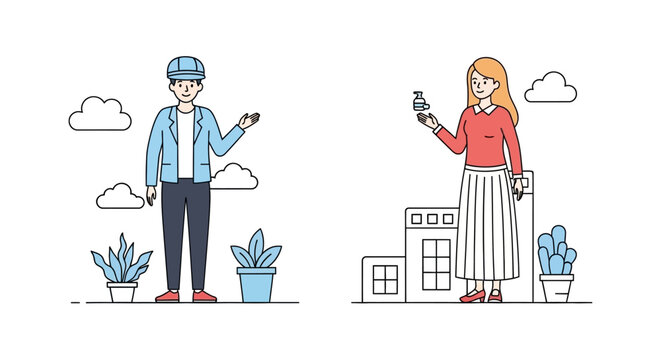 Modern Flat Line Art Vector Illustrations: Young People with Plants, Buildings, and Clouds for Business and Lifestyle Concepts