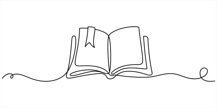 Minimalist continuous line drawing of an open book with a bookmark on a white background Vector, illustration