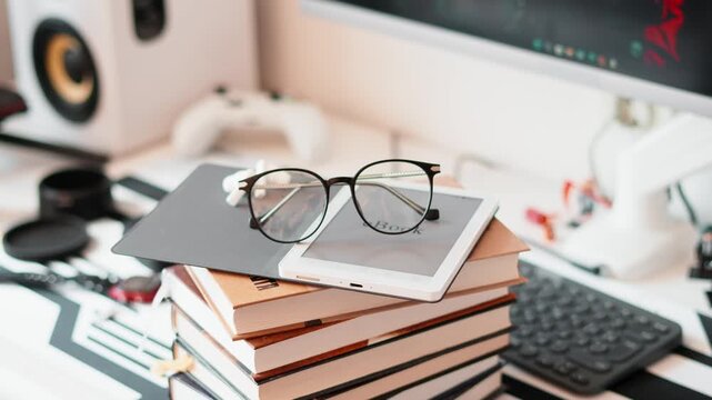 Still life with ebook reader, eyeglasses and notebooks on table. Technology, learning concept with modern gadgets, wireless earbuds,comfortable home workspace. Ability quickly search desired part text