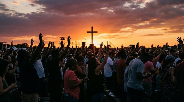 Diverse crowd of people raising hands in worship during a dramatic sunset outdoor spiritual gathering with a prominent cross silhouette