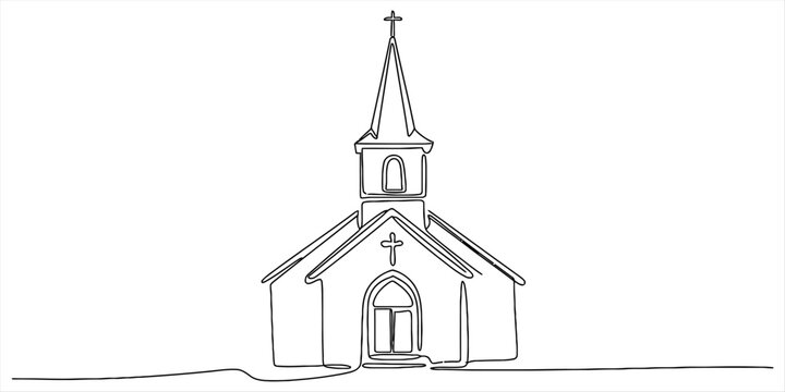Continuous line drawing of a small traditional church building with a steeple and cross. Vector, illustration