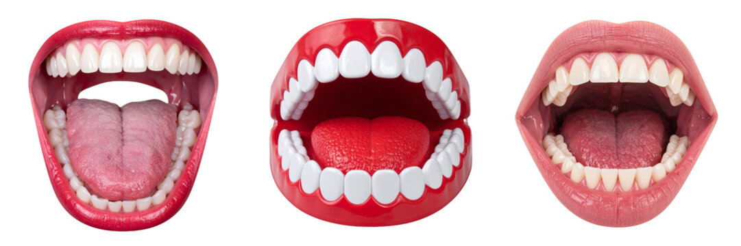 Three Mouths Open Showing Teeth And Tongue Against Transparent Background