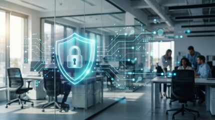 Fototapeta premium Digital shield protecting business data in a modern corporate office environment ensuring cybersecurity