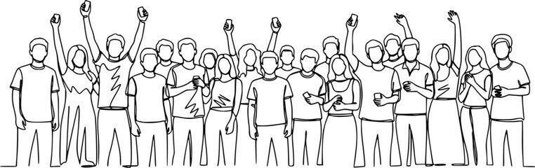 Obraz premium Group of people continuous one line vector drawing. Crowd standing at concert, meeting.