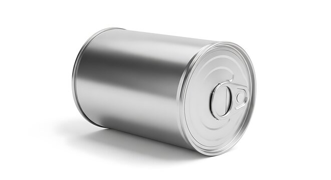 Shiny silver aluminum food can featuring an easy-open ring-pull lid, expertly isolated on a clean white background, ideal for packaging design, food storage, and product promotion
