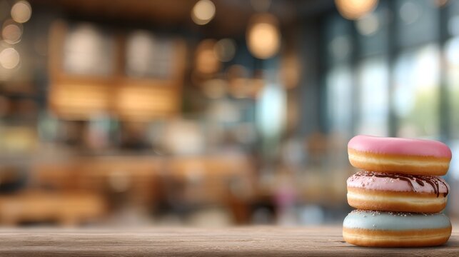 Sweet Donuts Stacked on Wooden Table in Cafe Background.