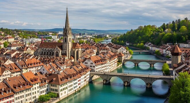Bern, Switzerland - A picturesque view of the old city and Aare river.