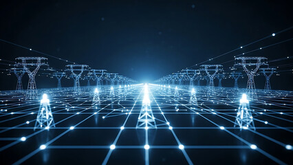 Naklejka premium Digital grid network with glowing transmission towers and illuminated power lines stretching into the distance