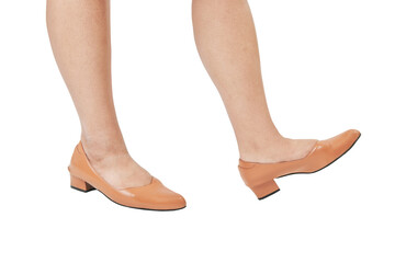 Png women's orange flat leather shoes mockup fashion shoot in studio