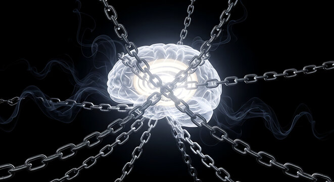 Symbolic representation of mental struggle and the overcoming of limitations, visualized as a brain encased in chains