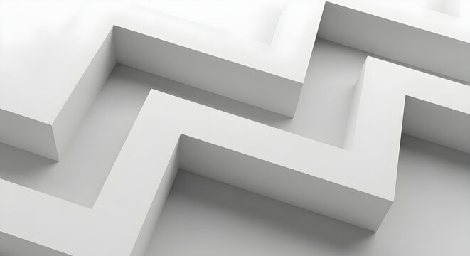 A close-up view of a white 3D maze with intersecting paths and sharp corners on a flat surface